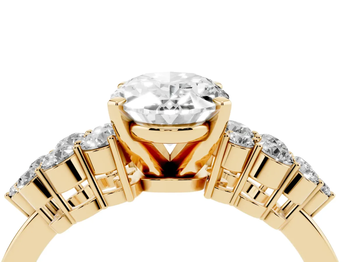 Oval Cut Cluster Diamond Engagement Ring with Pavé Band and Four-Prong Setting Yellow gold
