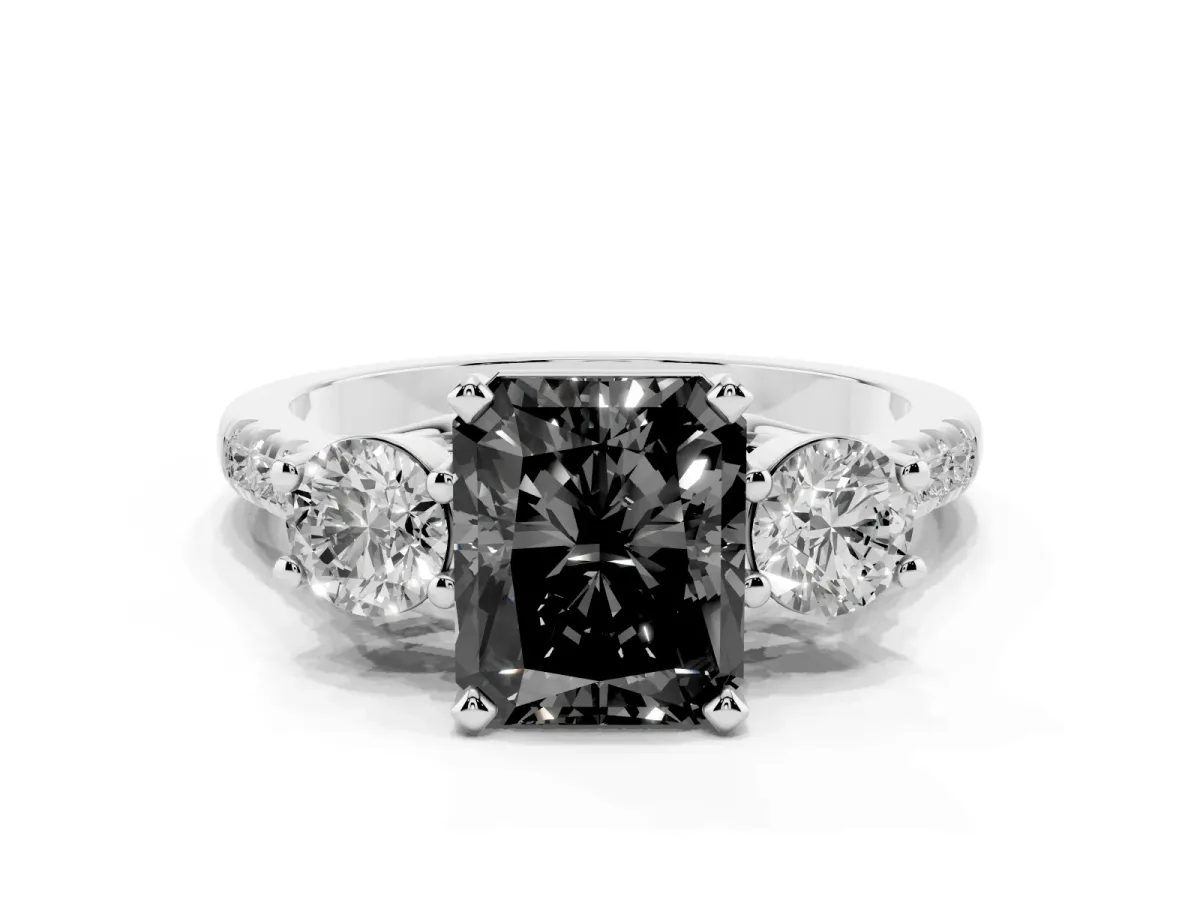 Fancy Black Three-Stone Radiant Cut Diamond Pavé Band with Four-Prong Setting Silver