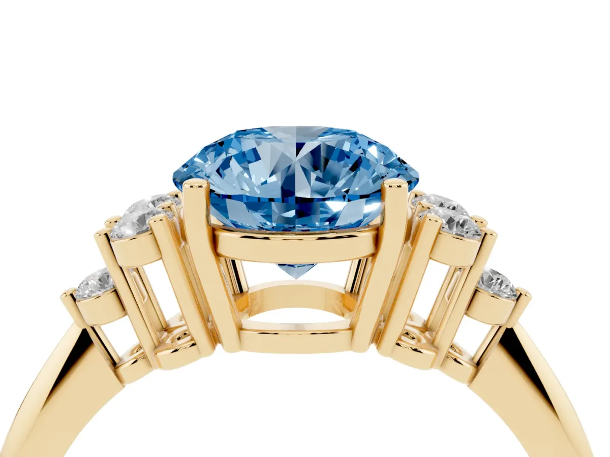 Fancy Blue Round Cut Cut Diamond Cluster Ring with Solitaire Band and Four-Prong Setting Yellow gold