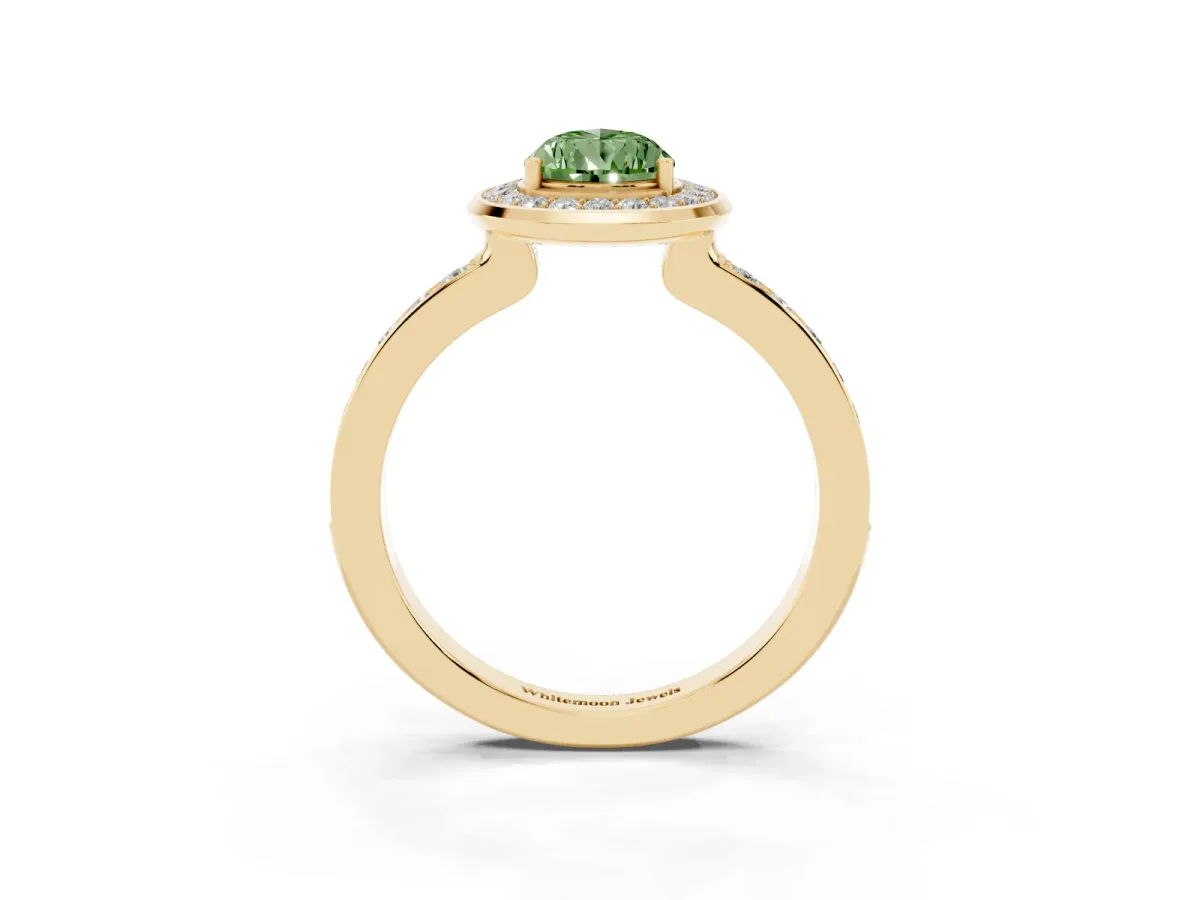 Fancy Green Pear Cut Diamond Halo Ring with Bezel Frame and Pavé Band Yellow gold