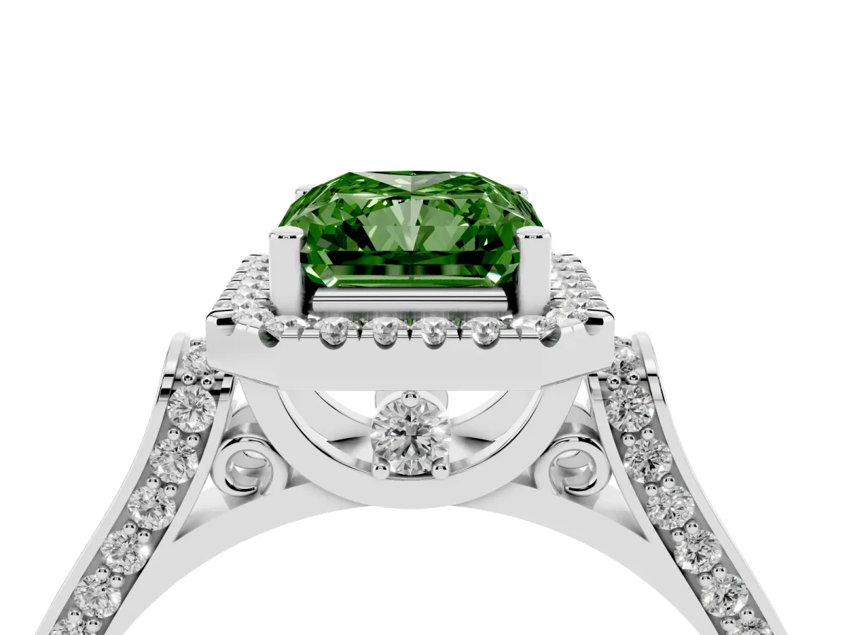 Fancy Green Radiant Cut Halo Round Diamond Twist Band with Four-Prong Setting White gold
