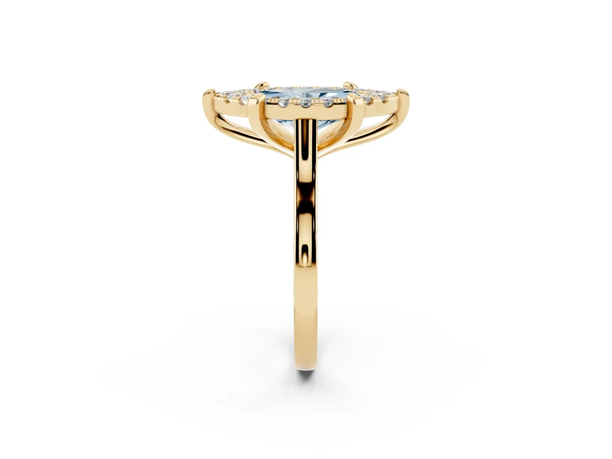 Fancy Blue Marquise Cut Diamond Cluster Halo Solitaire with Four-Prong Setting Yellow gold