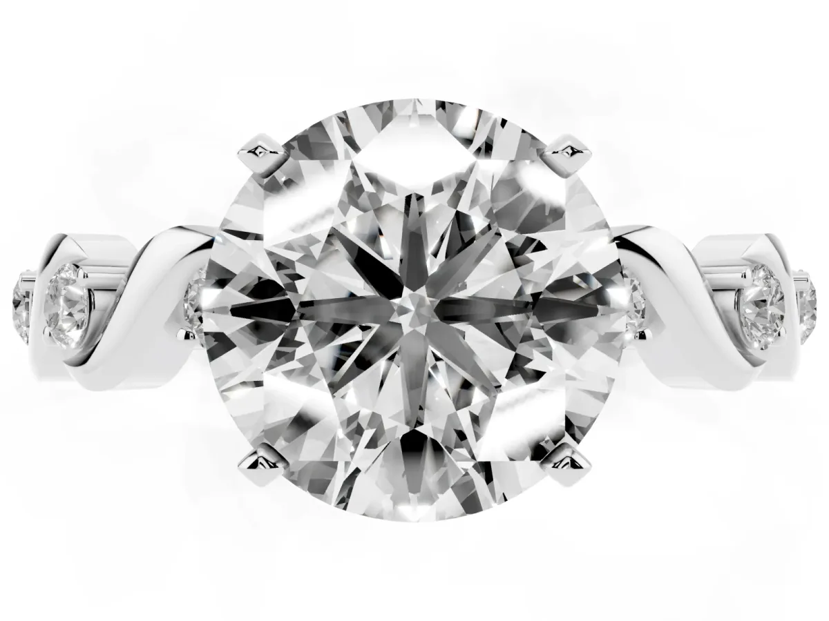 Round Cut Diamond Solitaire Twisted Band with Round Accents and Prong Setting Platinum