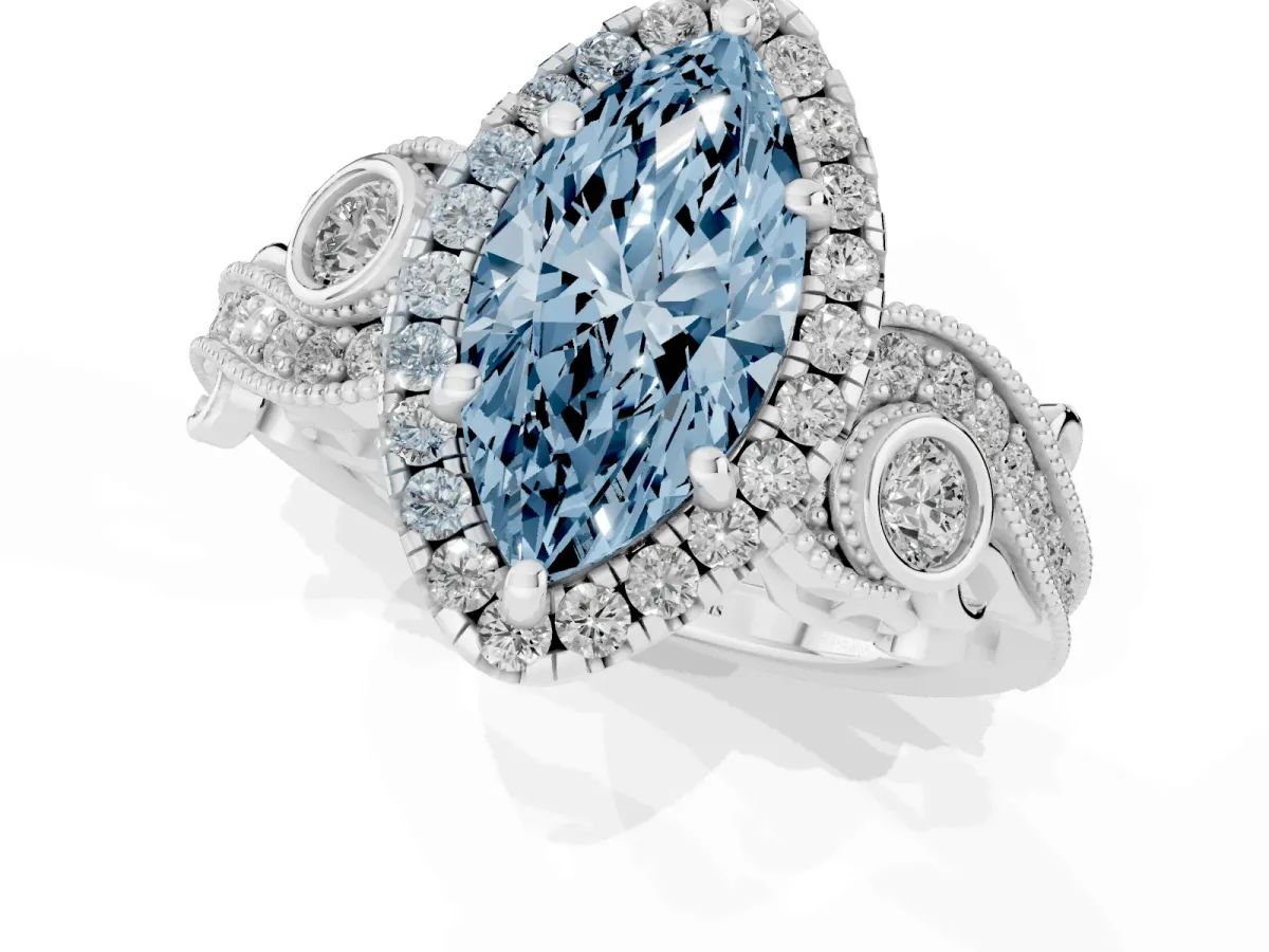 Fancy Blue Marquise Cut Halo Diamond Ring with Milgrain and Bezel Accents on a Split Shank Band White gold