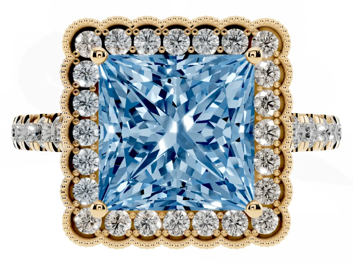 Fancy Blue Princess Cut Cut Diamond Milgrain Floral Halo Engagement Ring with Pavé Band Yellow gold