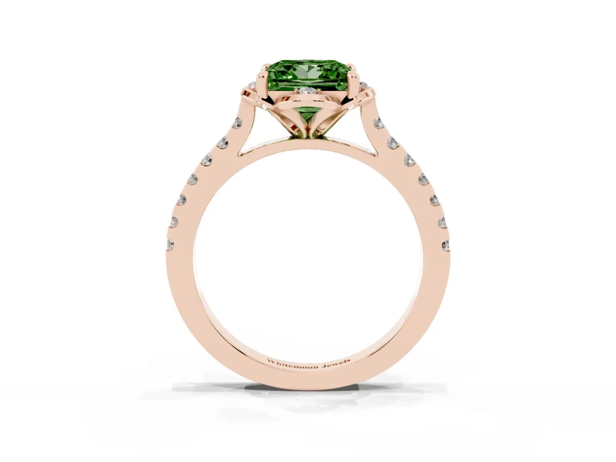 Fancy Green Princess Cut Diamond Ring with Pavé Band and Floral Prong Setting Rose gold