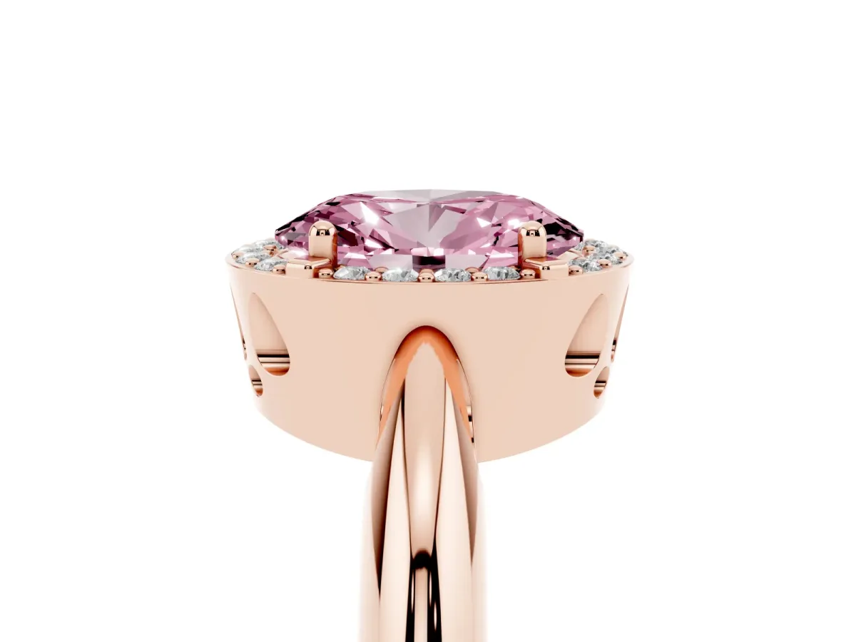 Fancy Pink Oval Cut Cut Diamond Halo Engagement Ring with Split Shank and Four-Prong Setting Rose gold