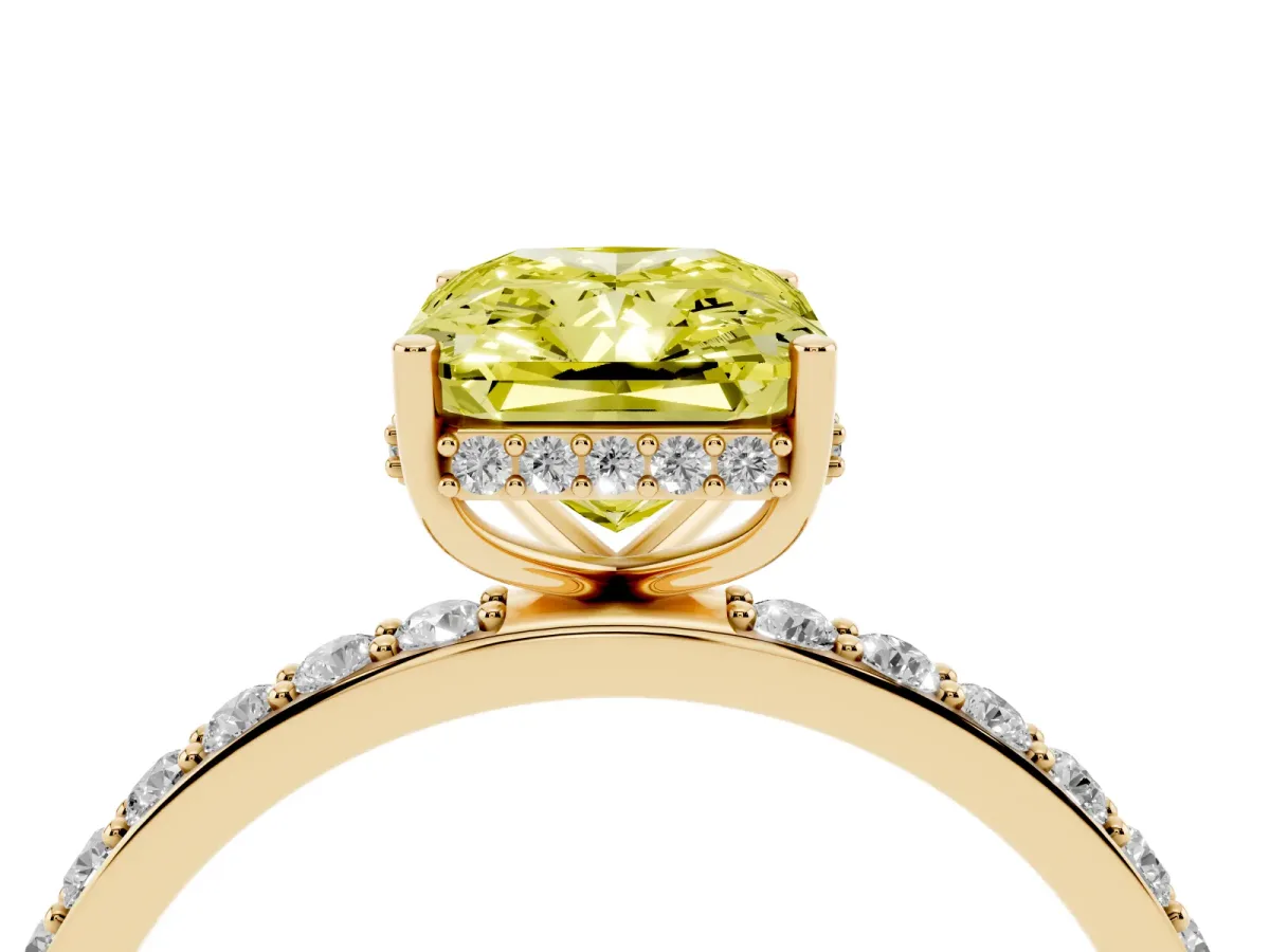 Fancy Yellow Radiant Cut Diamond Solitaire Ring with Pavé Band and Hidden Halo Yellow gold