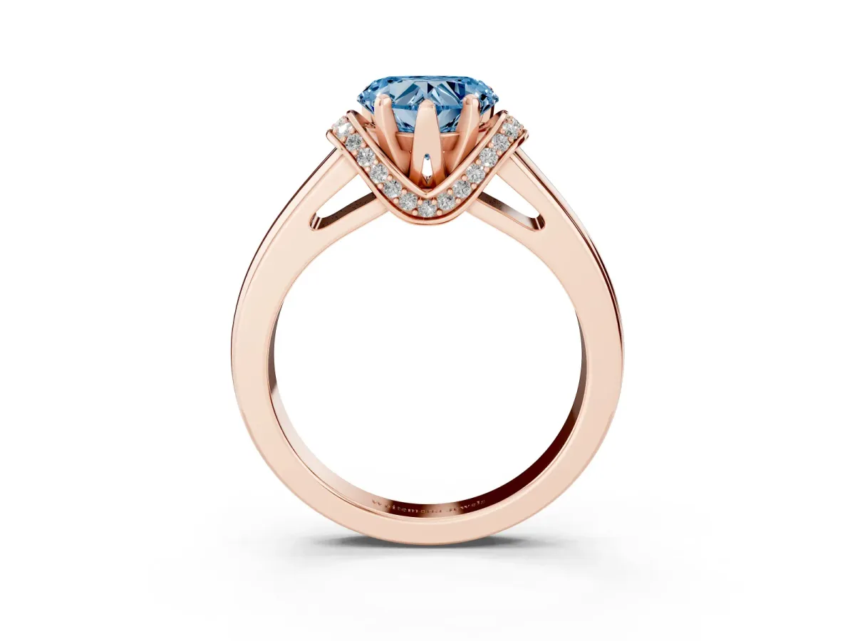 Fancy Blue Heart Cut Solitaire Diamond Ring with Pave Band and Six-Prong Setting Rose gold