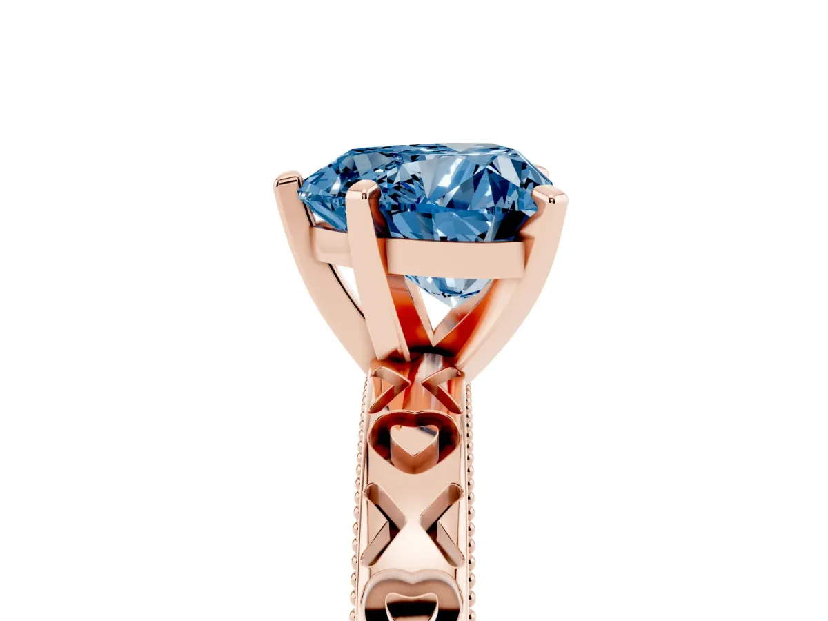 Fancy Blue Heart Cut Solitaire Diamond Engagement Ring with XO Engraved Band and Four-Prong Setting Rose gold