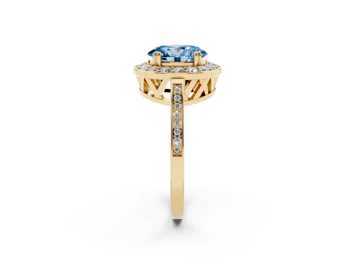 Fancy Blue Oval Cut Diamond Halo Ring with Split Shank and Four-Prong Setting Yellow gold