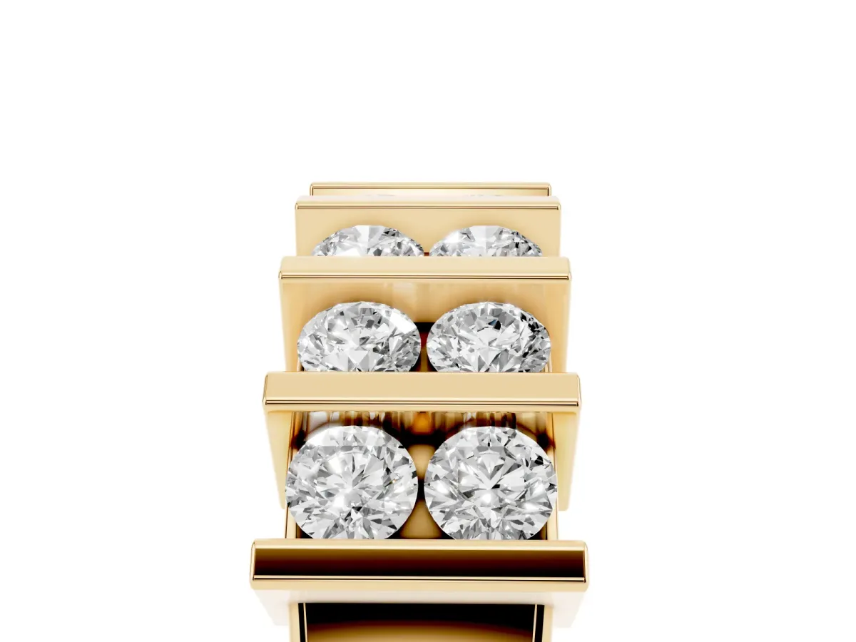 Channel Set Round Diamond Step Band with Bar Prong Setting Yellow gold