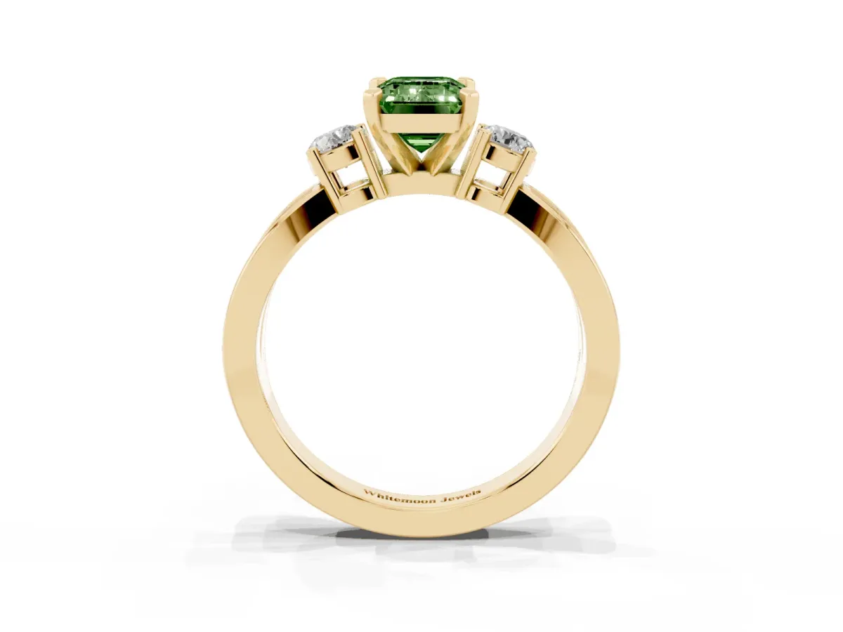 Fancy Green Three-Stone Emerald Cut Cut Diamond Twist Band with Prong Setting Yellow gold