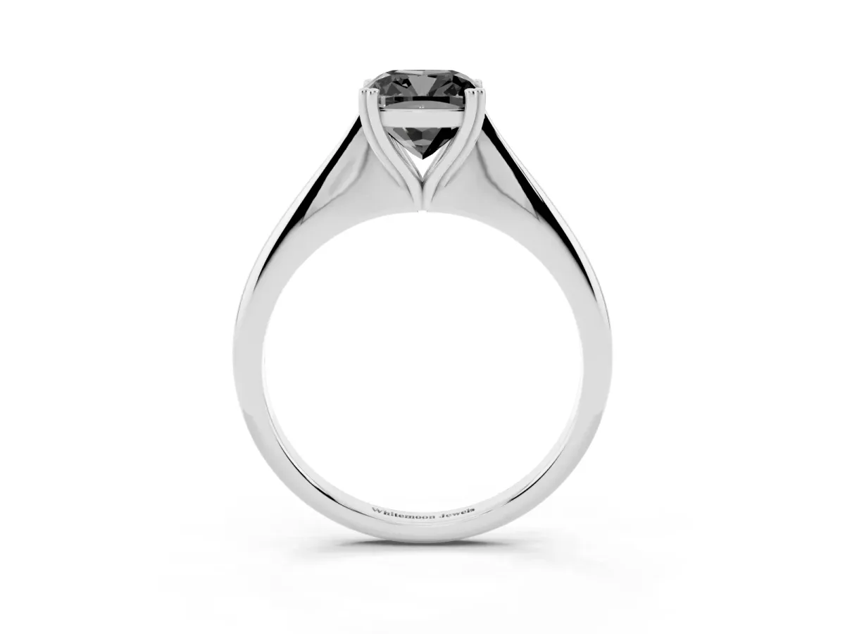 Fancy Black Cushion Cut Solitaire Diamond Ring with Six-Prong Setting and Classic Band Silver