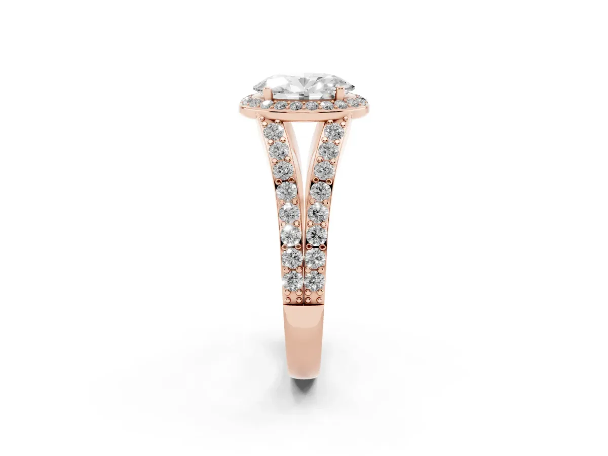 Oval Cut Diamond Split Shank Halo Ring with Four-Prong Setting Rose gold