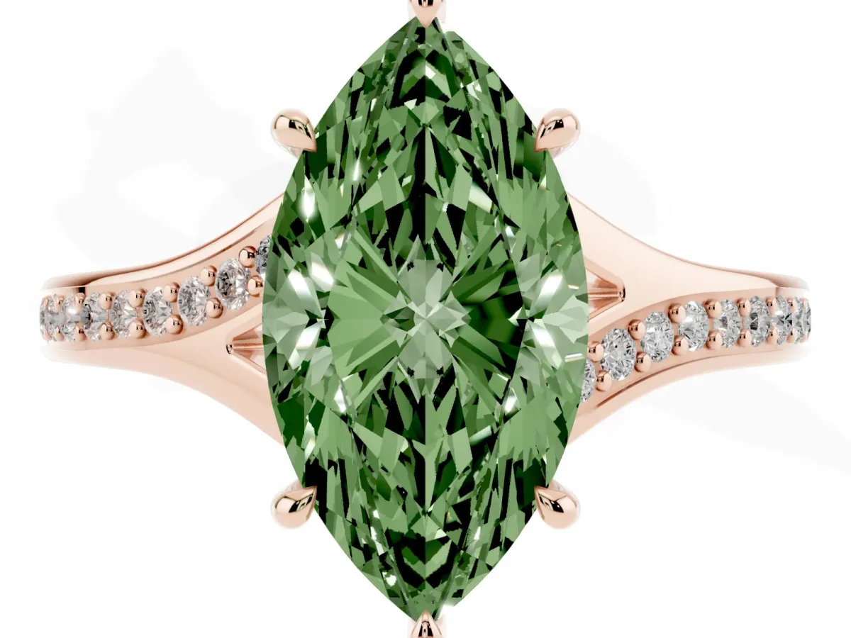 Fancy Green Marquise Cut Diamond Solitaire Ring with Pavé Band and Prong Setting Rose gold