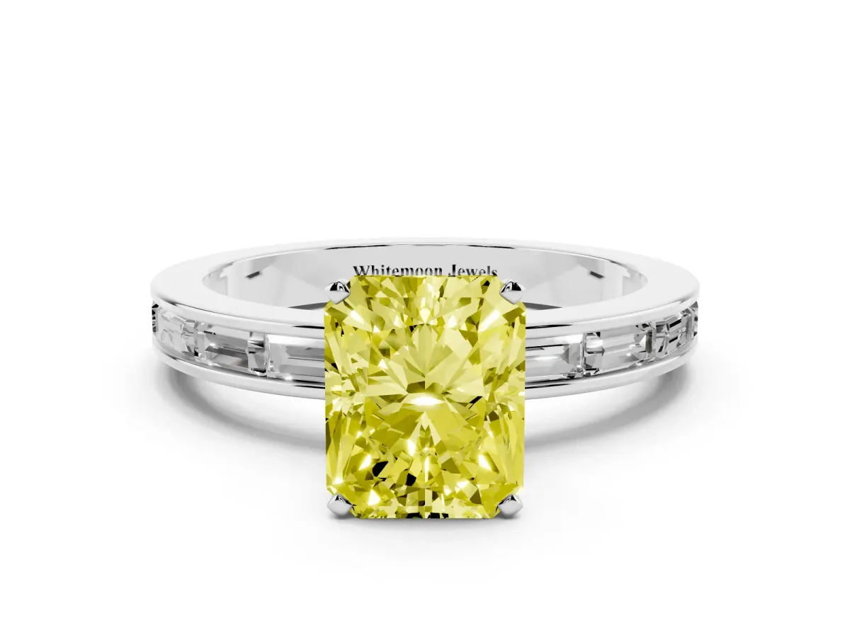 Fancy Yellow Radiant Cut Solitaire Diamond Ring with Channel-Set Baguette Band and Four-Prong Setting Platinum