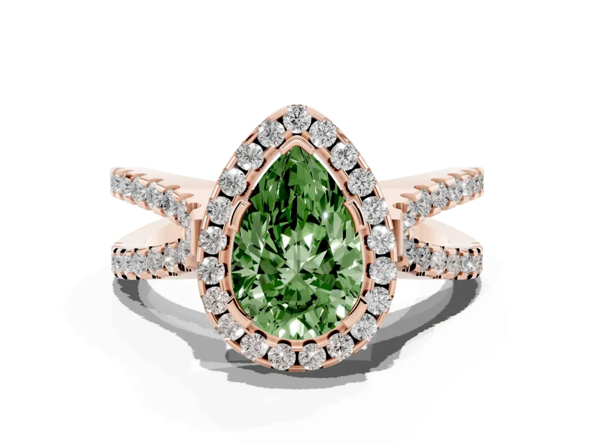 Fancy Green Pear Cut Diamond Halo Ring with Split Shank Pavé Band and Prong Setting Rose gold