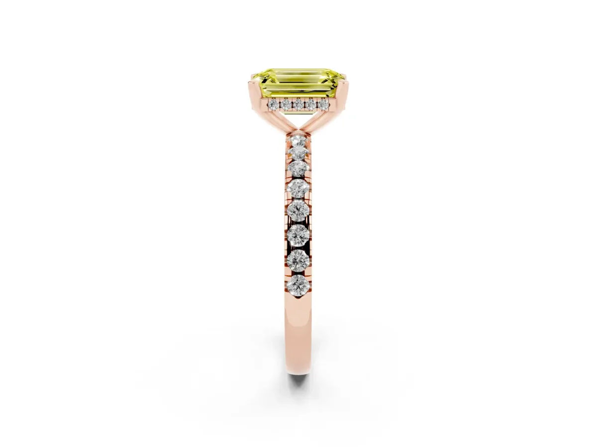Fancy Yellow Emerald Cut Diamond Solitaire Ring with Round Pavé Band and Four-Prong Setting Rose gold
