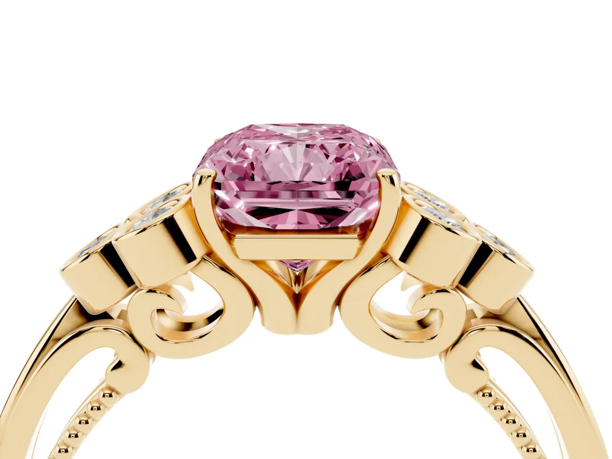 Fancy Pink Radiant Cut Cut Diamond Engagement Ring with Bezel Set Round Side Stones and Prong Setting Yellow gold