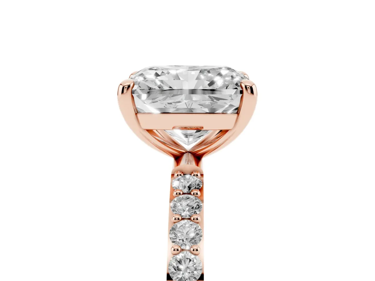 Radiant Cut Diamond Solitaire Ring with Round Pavé Band and Prong Setting Rose gold