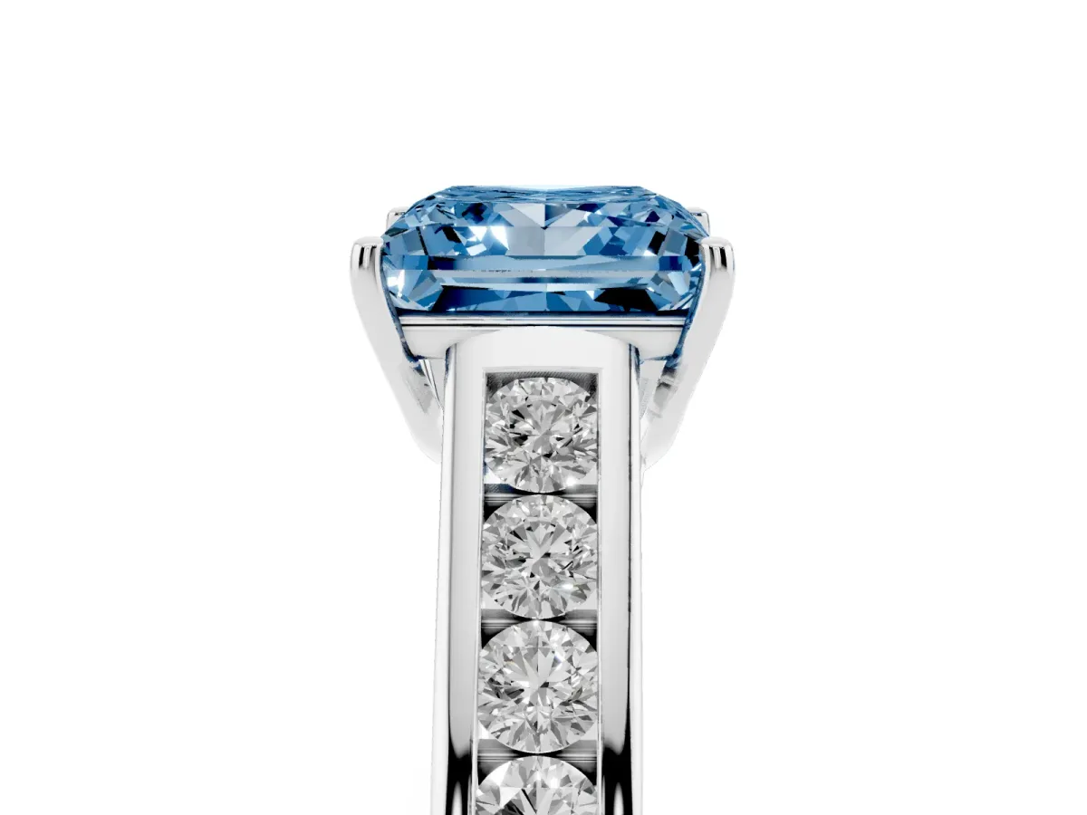Fancy Blue Princess Cut Solitaire Channel-Set Diamond Engagement Ring with Four-Prong Setting Platinum