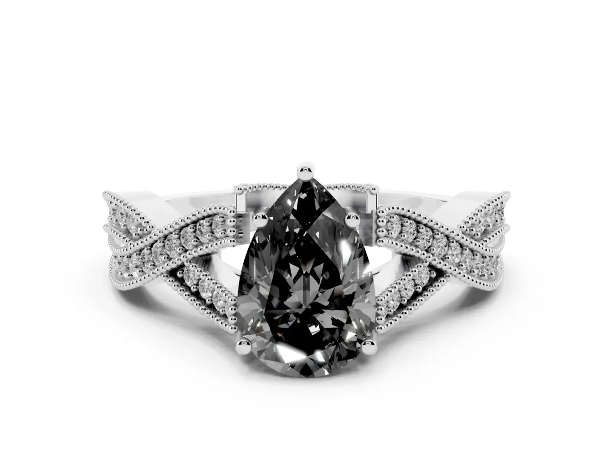 Fancy Black Pear Cut Cut Diamond Twisted Band with Milgrain Pave Setting and Four-Prong Setting Silver