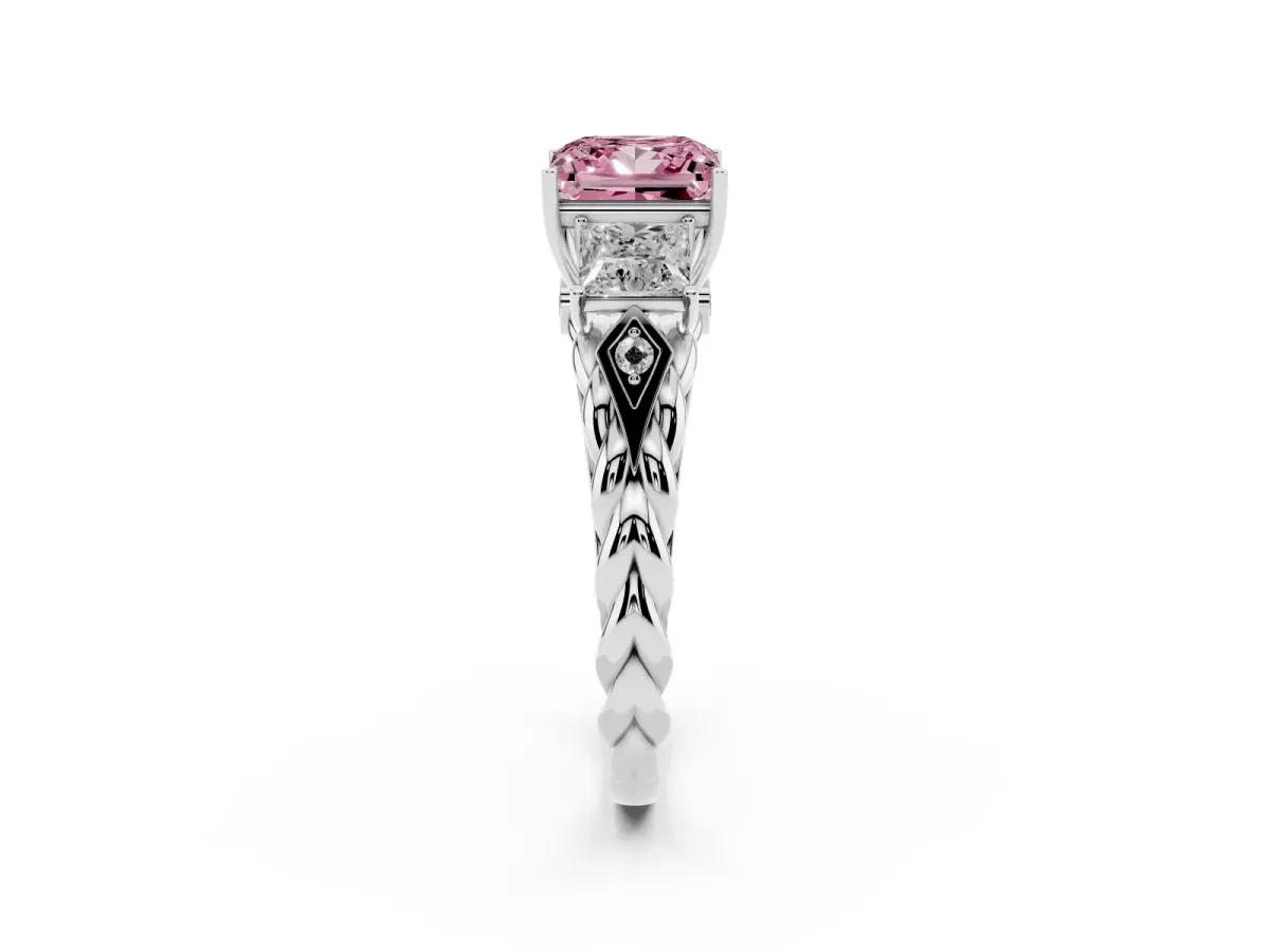 Fancy Pink Three-Stone Princess Cut Diamond Braided Band Ring with Four-Prong Setting Platinum