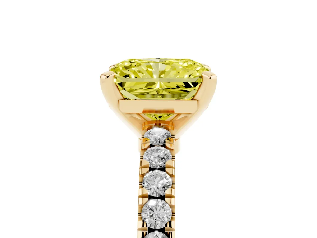 Fancy Yellow Radiant Cut Solitaire Diamond with Pavé Band and Four-Prong Setting Yellow gold