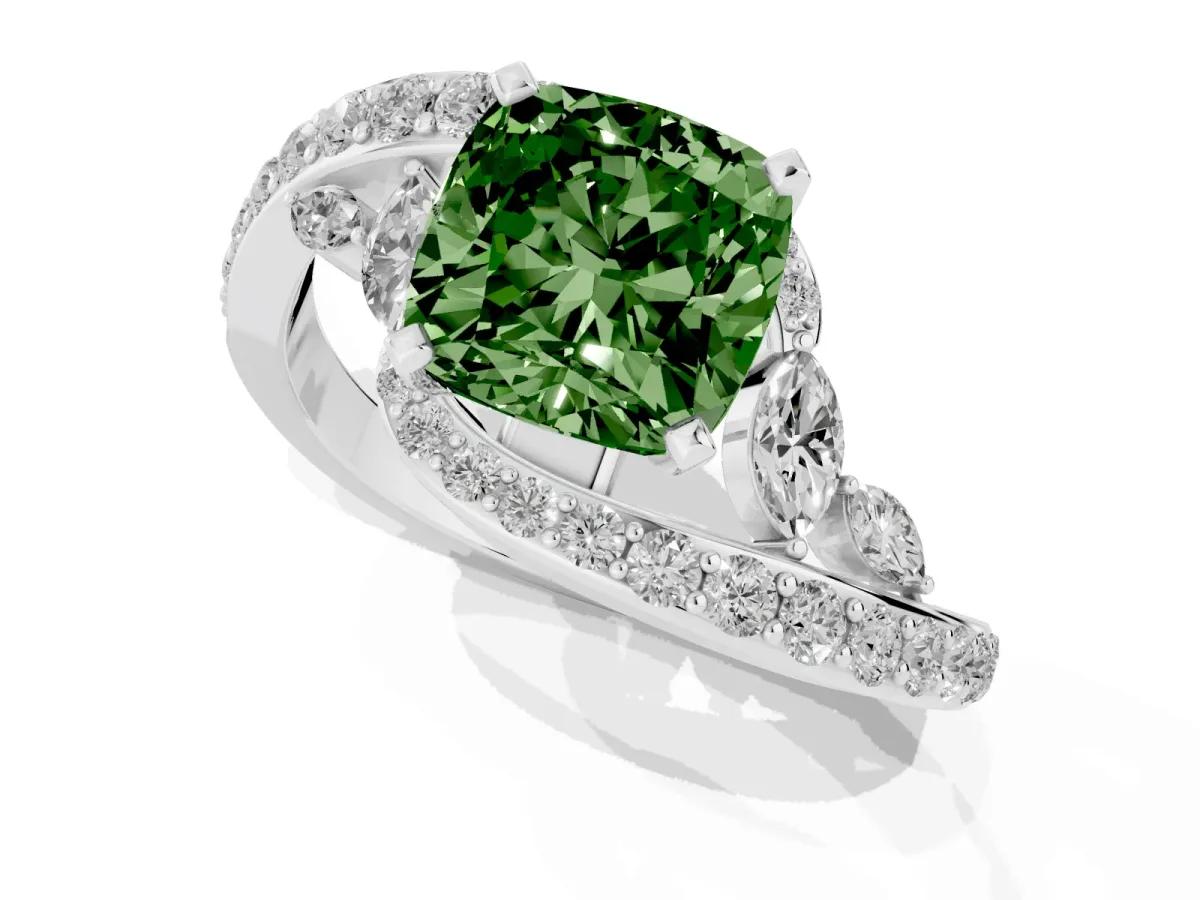 Fancy Green Cushion Cut Diamond Solitaire Ring with Filigree Band and Four-Prong Setting Silver