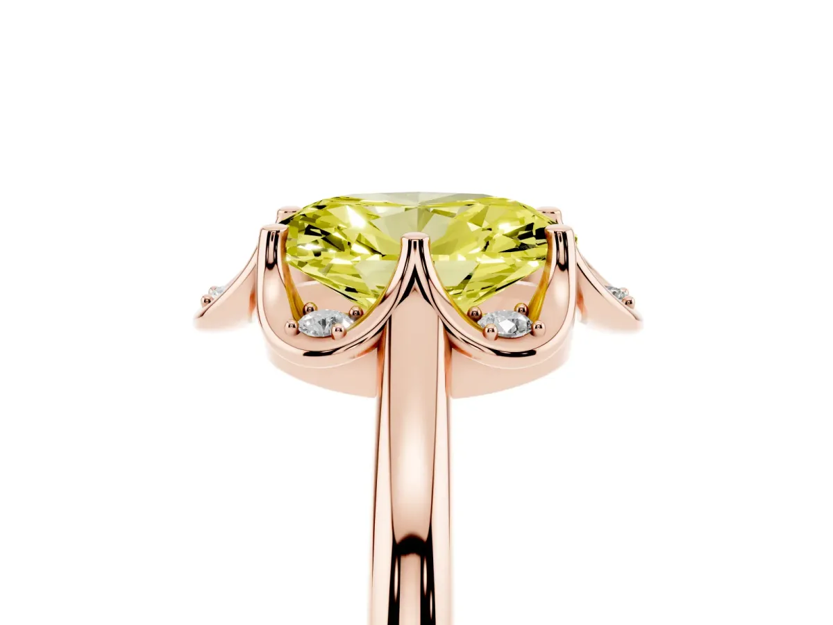 Fancy Yellow Oval Cut Halo Diamond Ring with Round Cluster Setting, Solitaire Band, and Four-Prong Setting Rose gold