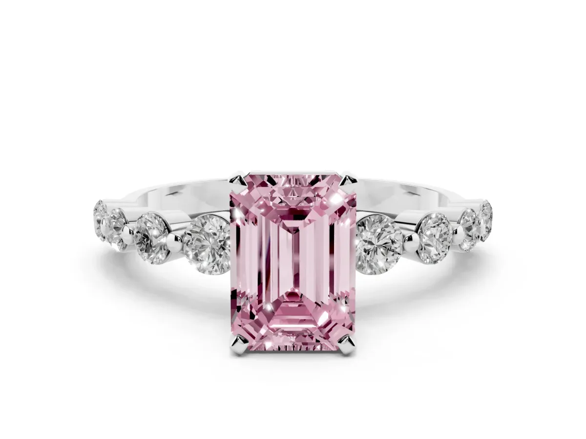 Fancy Pink Emerald Cut Solitaire Diamond Ring with Pave Band and Four-Prong Setting Platinum
