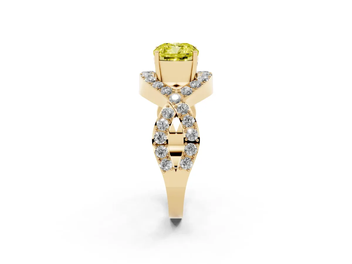 Fancy Yellow Cushion Cut Solitaire Twist Band Pavé Diamond Engagement Ring Yellow gold
