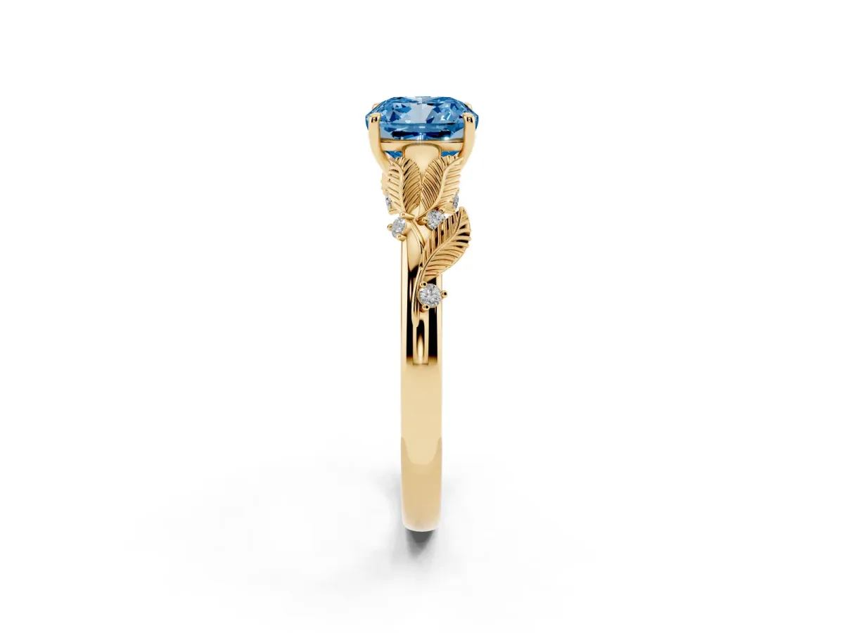 Fancy Blue Cushion Cut Diamond Solitaire Ring with Leaf Motif Band and Four-Prong Setting Yellow gold
