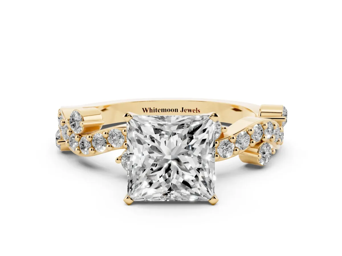 Princess Cut Cut Solitaire Diamond Twisted Band with Pave Setting Yellow gold