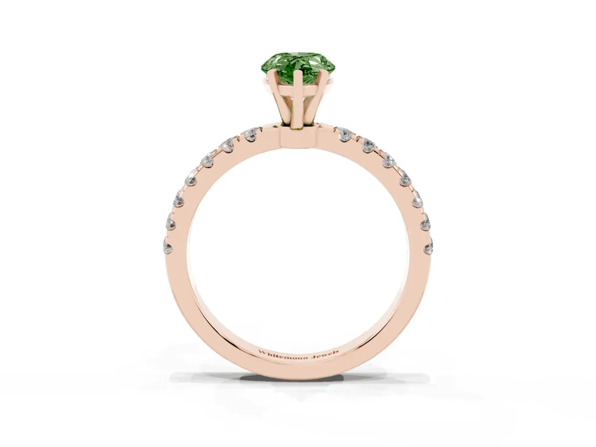 Fancy Green Pear Cut Diamond Solitaire Ring with Pavé Accents and Four-Prong Setting Rose gold