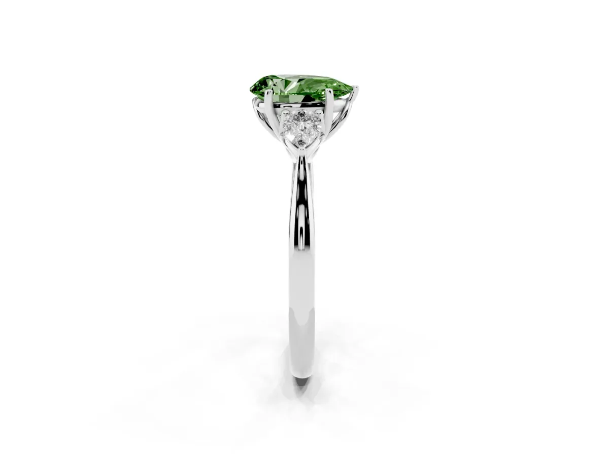 Fancy Green Three-Stone Pear Cut Diamond Ring with Pear Side Stones in Four-Prong Setting Silver