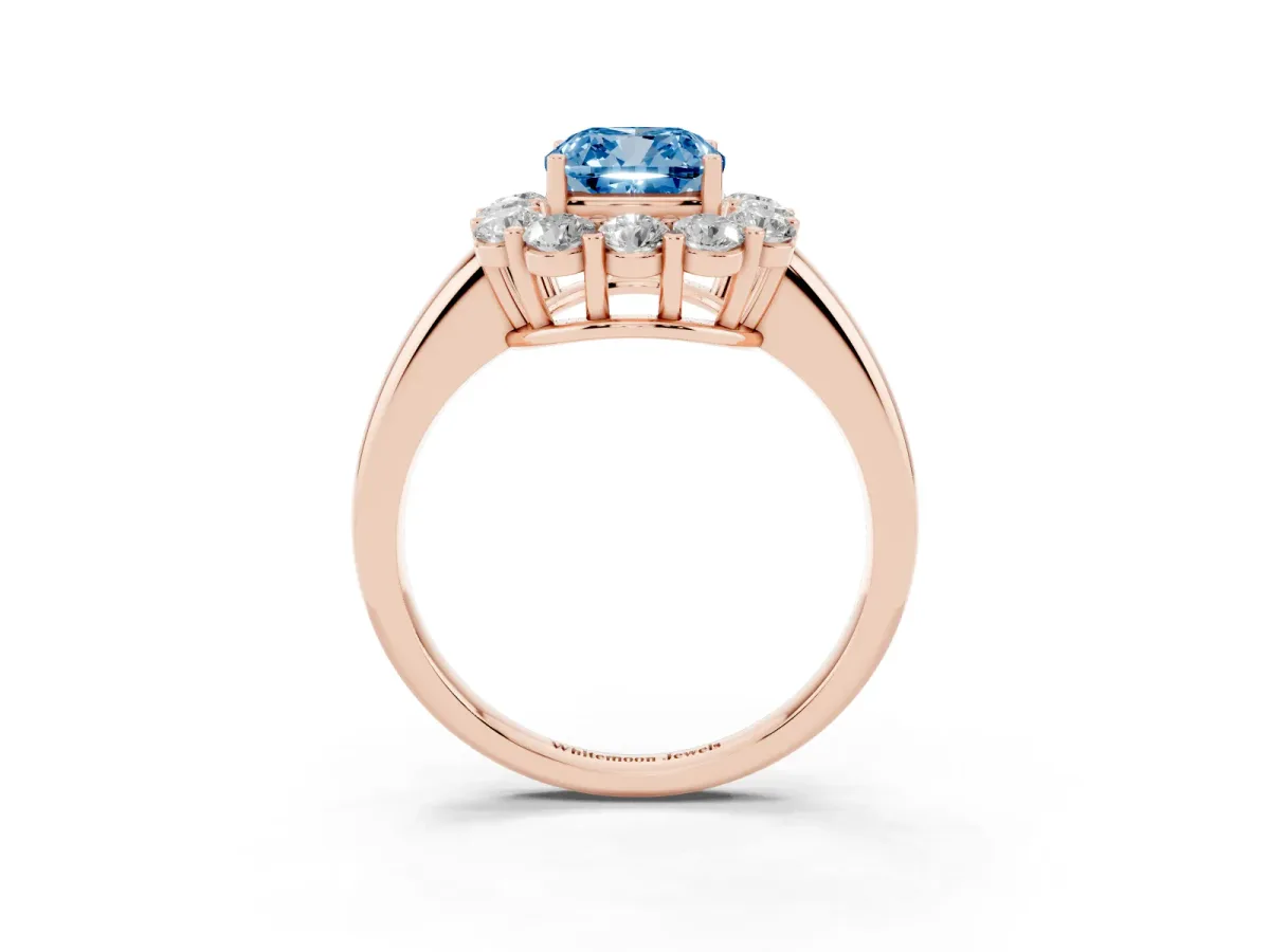 Fancy Blue Cushion Cut Halo Cluster Diamond Engagement Ring with Prong Setting and Polished Band Rose gold