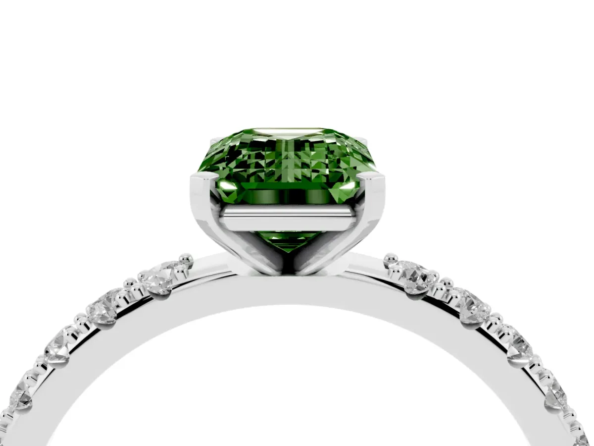 Fancy Green Emerald Cut Diamond Solitaire Pavé Band with Four-Prong Setting Platinum