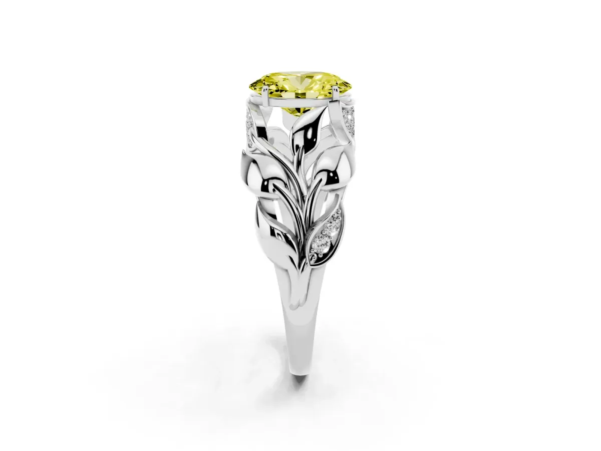 Fancy Yellow Oval Cut Diamond Leaf-Inspired Engagement Ring with Round Accents and Prong Setting White gold