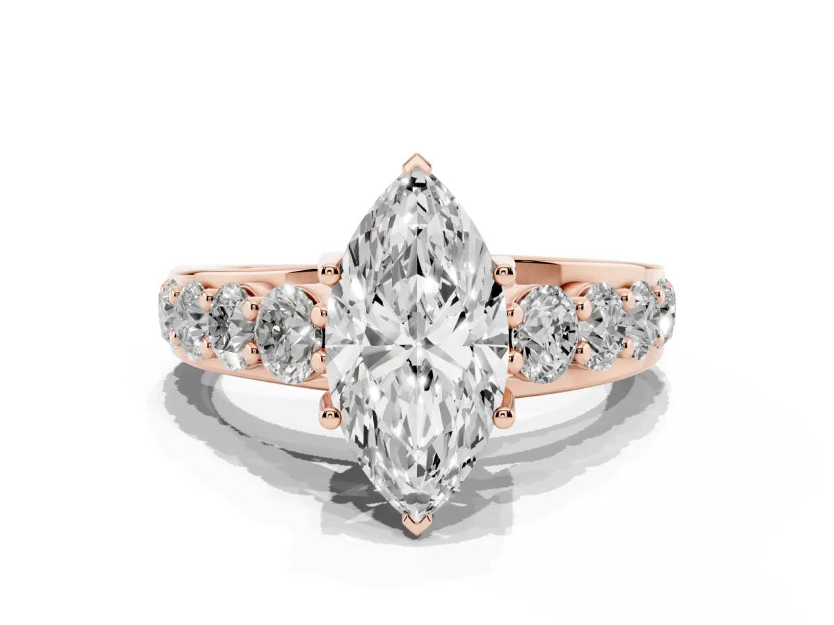 Marquise Cut Diamond Engagement Ring with Pavé Band and Four-Prong Setting Rose gold