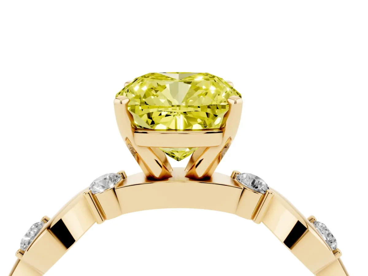 Fancy Yellow Cushion Cut Diamond Solitaire Twisted Band with Round Accents and Prong Setting Yellow gold