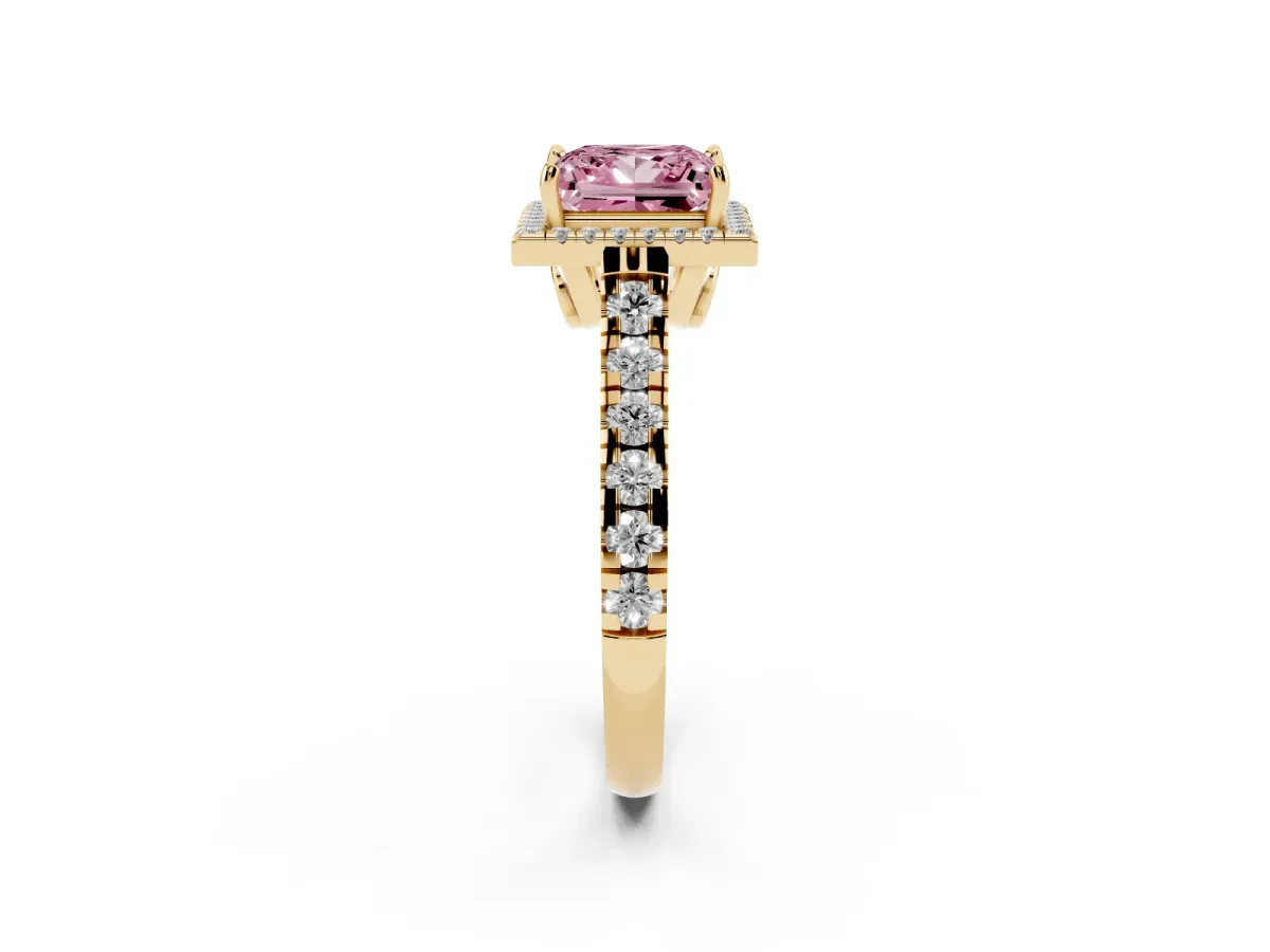 Fancy Pink Princess Cut Halo Pavé Diamond Engagement Ring with Four-Prong Setting Yellow gold