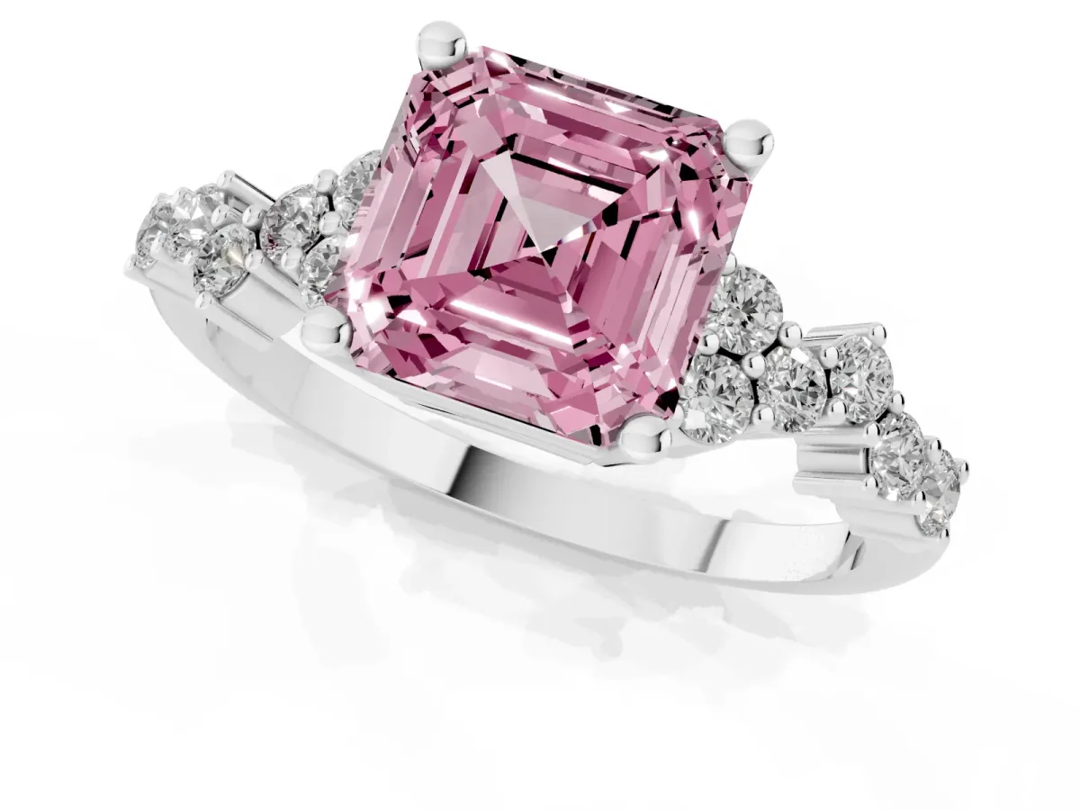 Fancy Pink Asscher Cut Diamond Scattered Round Accent Ring with Prong Setting White gold