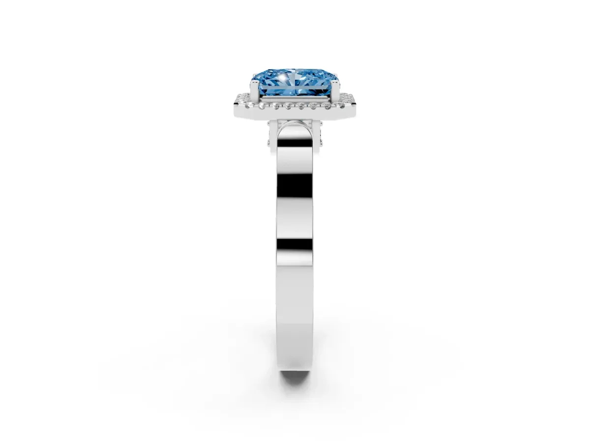 Fancy Blue Radiant Cut Halo Round Diamond Twist Band with Four-Prong Setting White gold