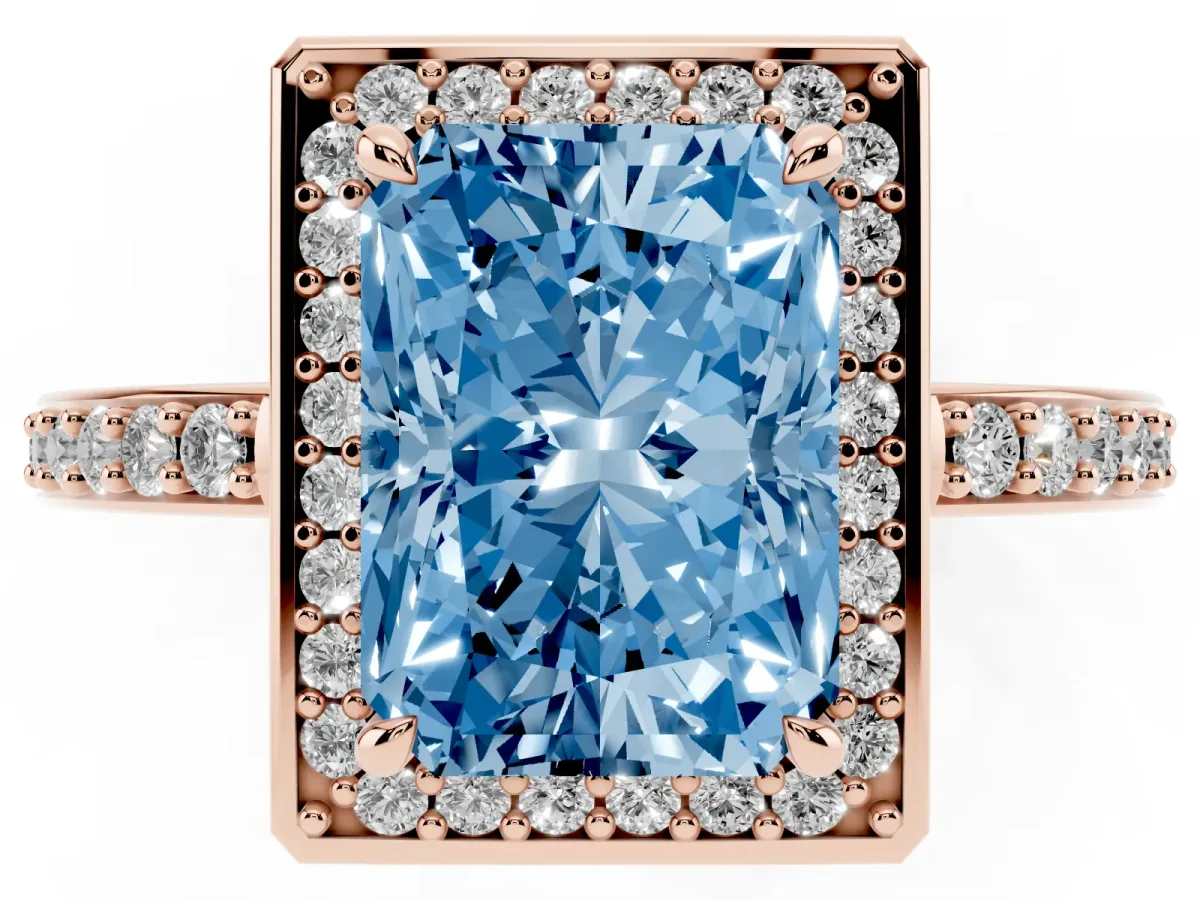 Fancy Blue Radiant Cut Halo Pave Band Solitaire Ring with Prong Setting Rose gold