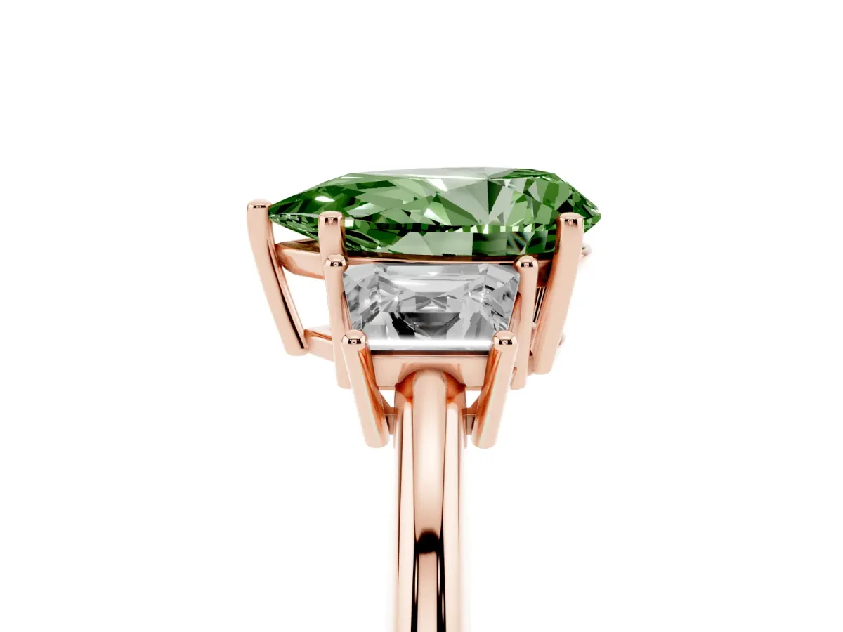 Fancy Green Pear Cut Diamond Three-Stone Ring with Trapezoid Side Stones and Prong Setting Rose gold