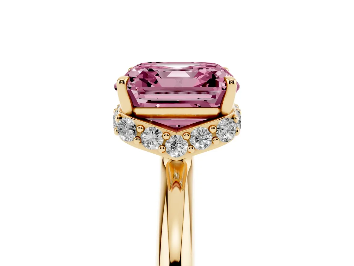 Fancy Pink Asscher Cut Brilliant Solitaire Engagement Ring with Six-Prong Setting and Classic Band Yellow gold