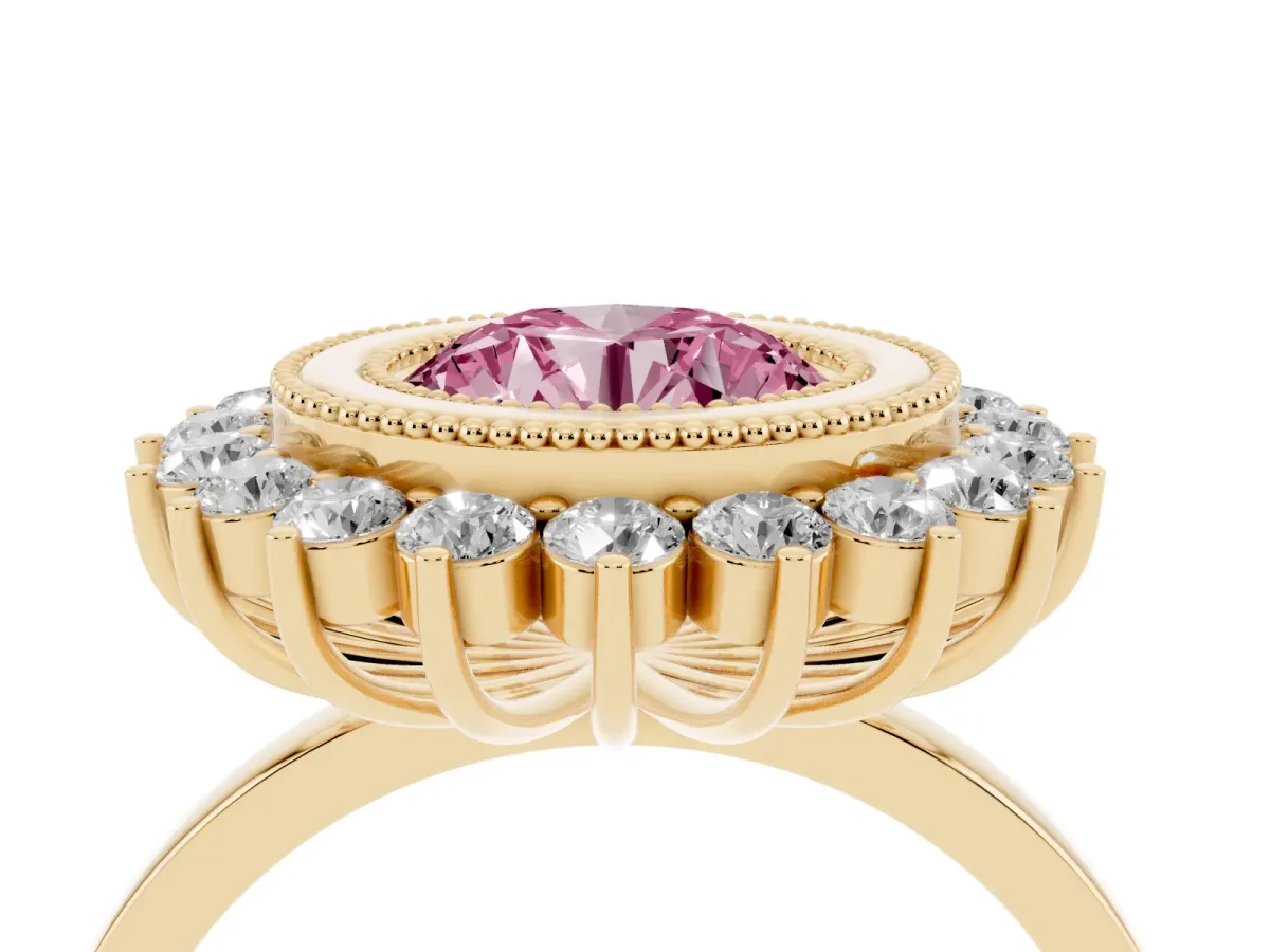 Fancy Pink Round Cut Halo Diamond Ring with Milgrain Edge and Round Prong Setting Yellow gold