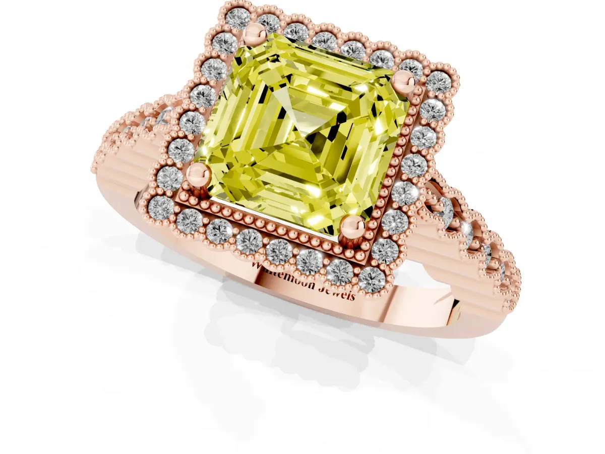 Fancy Yellow Asscher Cut Cut Halo Pavé Solitaire Ring with Milgrain Band Rose gold